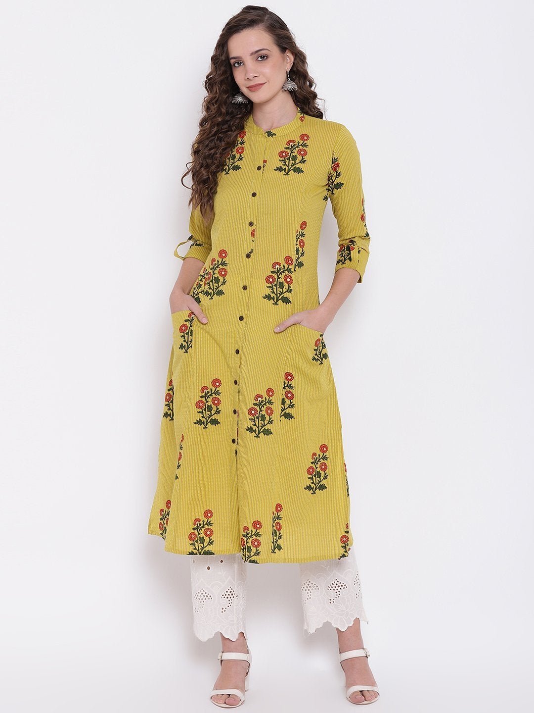 Lemon Yellow Colored Woolen Kurti with Resham work for women